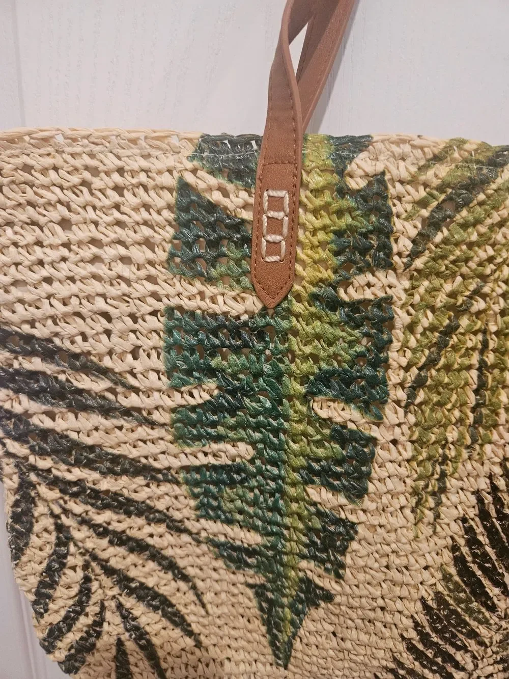 Macy's Woven Straw Tote with Green & Black Leaf Print and Brown Straps